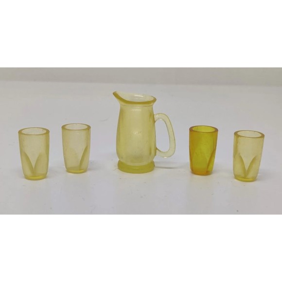 Vintage Barbie 70s 80s Mattell Translucent Amber Pitcher 4 Drinking Glasses Set - Picture 3 of 7